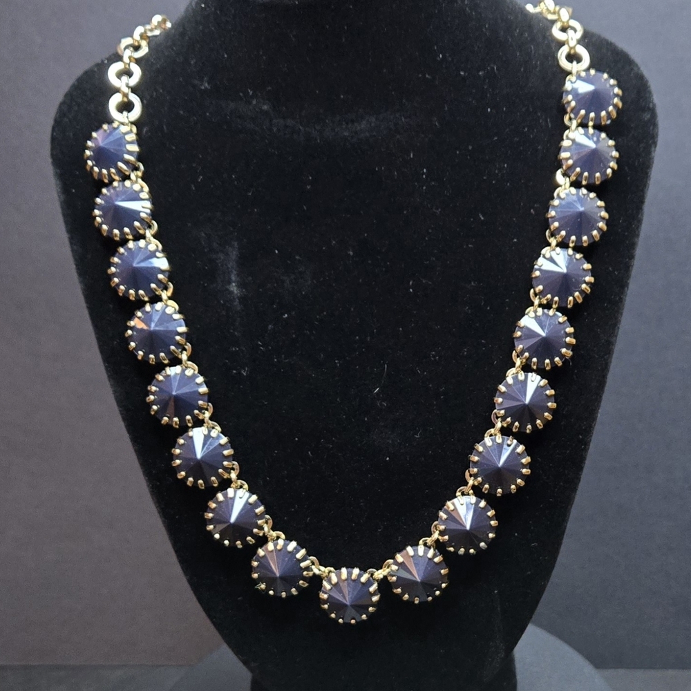 J. Crew Navy Blue Necklace with Pronged Rivoli Stones Silvertone